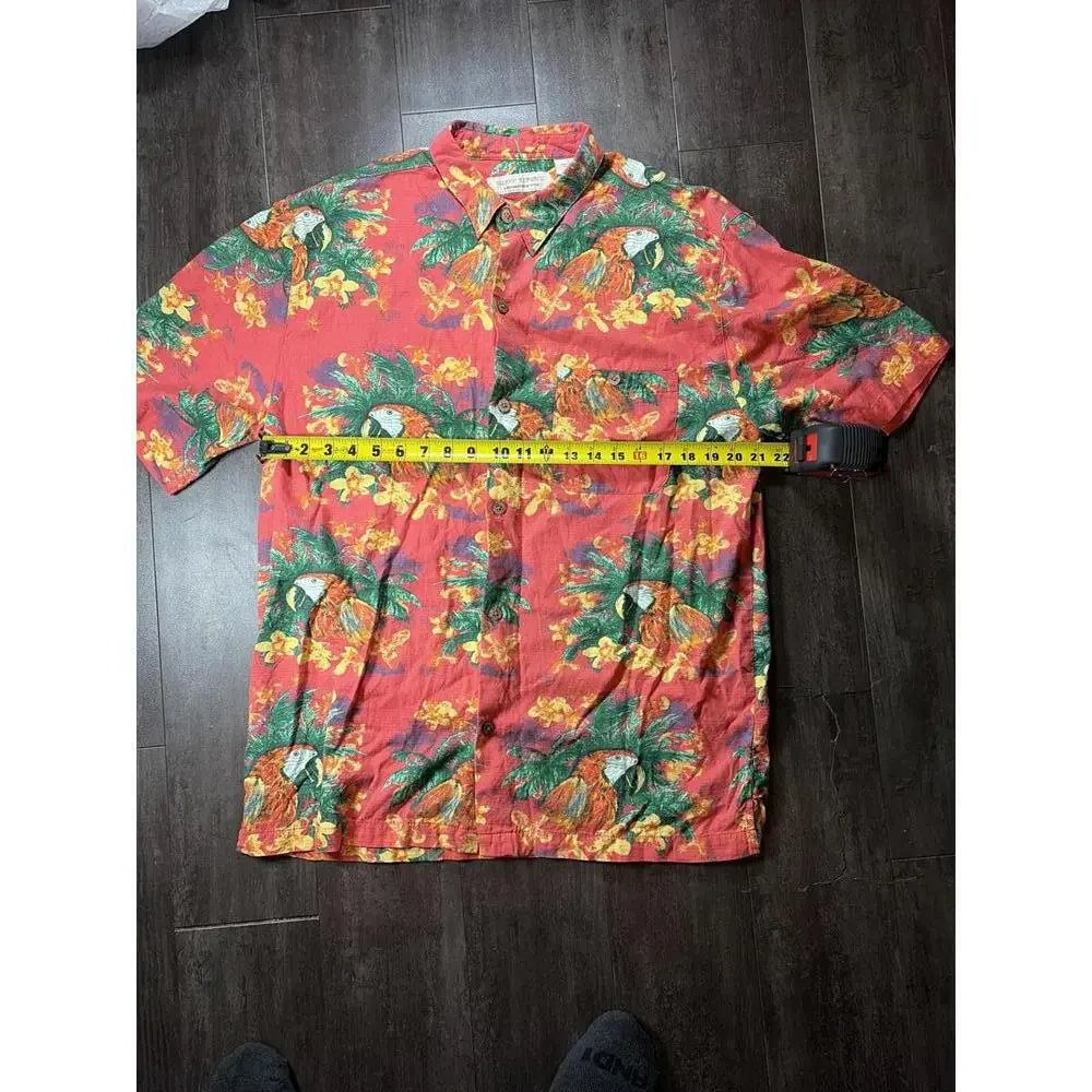Island Republic Hawaiian Shirt Mens L Red Tropical Parrot Palm Print Rayon Butto